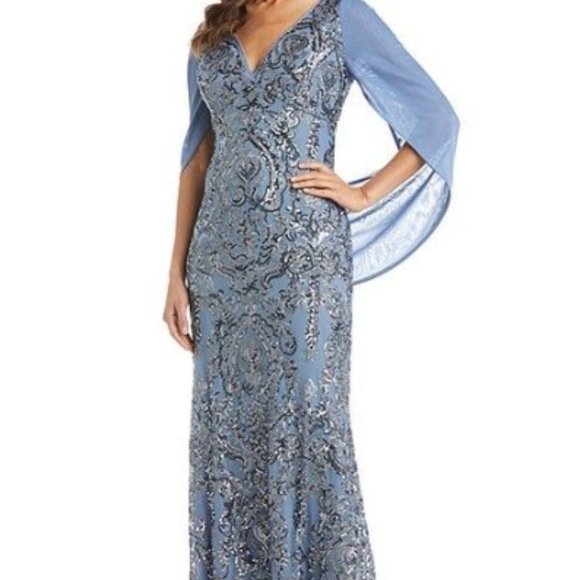R & M Richards Dresses & Skirts - R&M Richards Chiffon V-Neck Drape Back Beaded Stretch Sheath Size 6 NWT Lt Blue